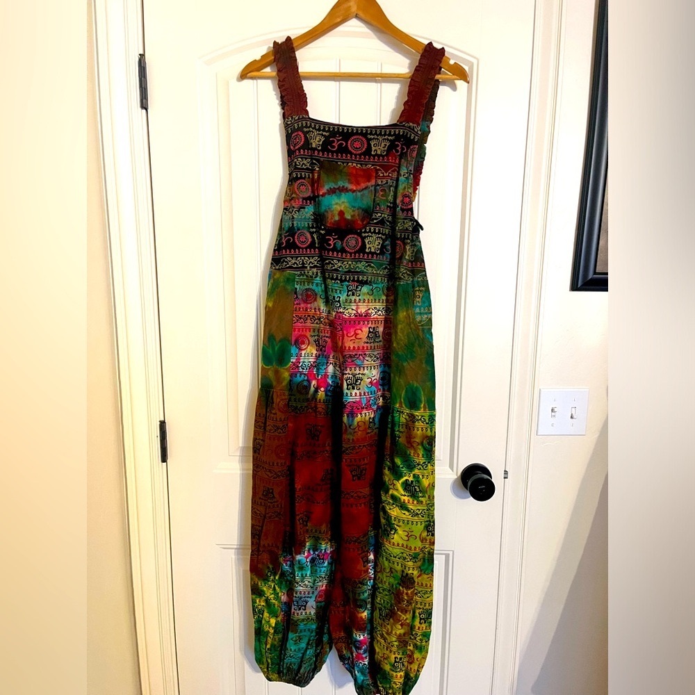Tie-dyed, hippie overalls